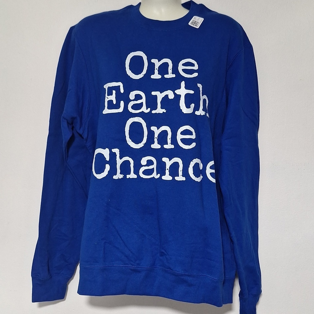 Blue Graphic Sweatshirt with White Eart Message One Earth One Chance